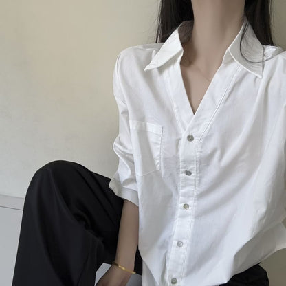 Ruched Collared Shirt with V-Neckline and Three-Quarter Sleeves