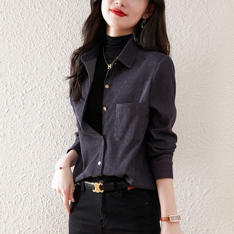 Plain Shirt with Pocket Detail and Long Sleeve Design