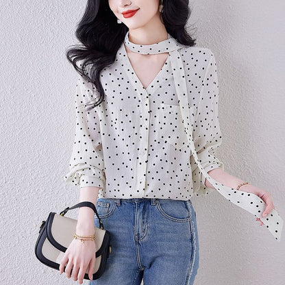 Dotted Blouse with V-Neck and Long Sleeve Style