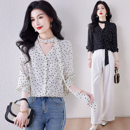 Dotted Blouse with V-Neck and Long Sleeve Style