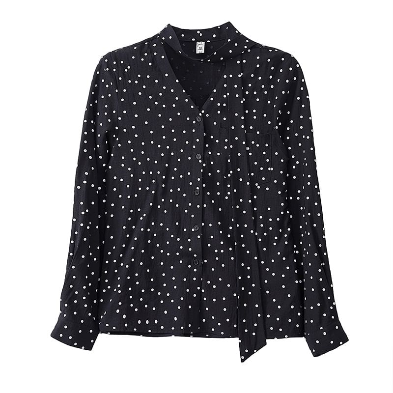 Dotted Blouse with V-Neck and Long Sleeve Style