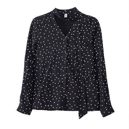 Dotted Blouse with V-Neck and Long Sleeve Style