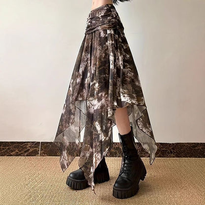 Tie Dye Asymmetrical Ruched Mesh A-Line Skirt