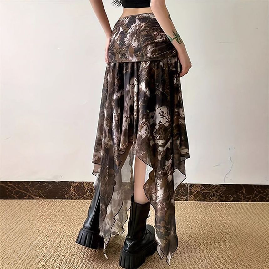 Tie Dye Asymmetrical Ruched Mesh A-Line Skirt