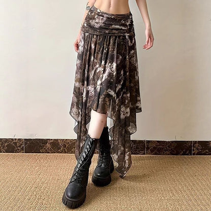 Tie Dye Asymmetrical Ruched Mesh A-Line Skirt