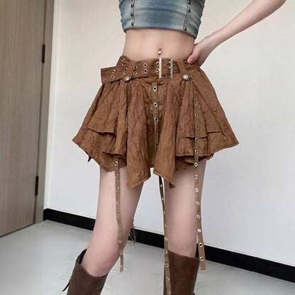 Low Rise Asymmetrical Grommet Fringed Mini A-Line Skirt