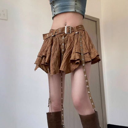 Low Rise Asymmetrical Grommet Fringed Mini A-Line Skirt