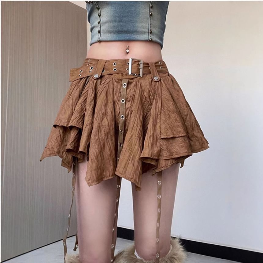 Low Rise Asymmetrical Grommet Fringed Mini A-Line Skirt