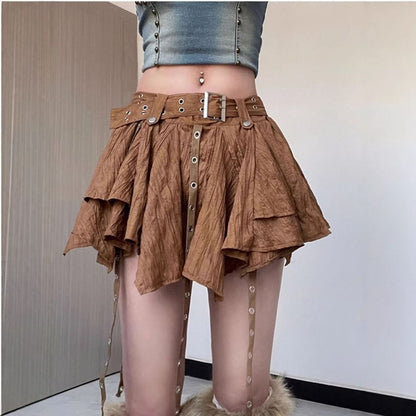 Low Rise Asymmetrical Grommet Fringed Mini A-Line Skirt