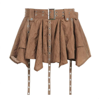 Low Rise Asymmetrical Grommet Fringed Mini A-Line Skirt