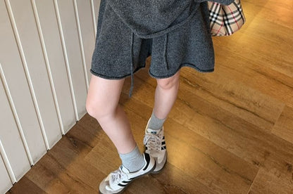 Melange Sweater with Round Neck and Drawstring Knit Shorts