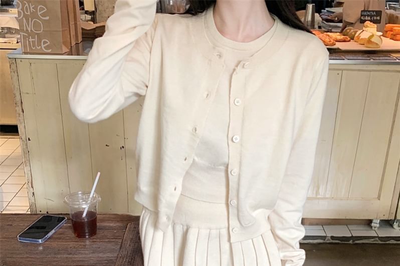 Set: Knit Tank Top with Crew Neck and Pleated Mini A-Line Skirt