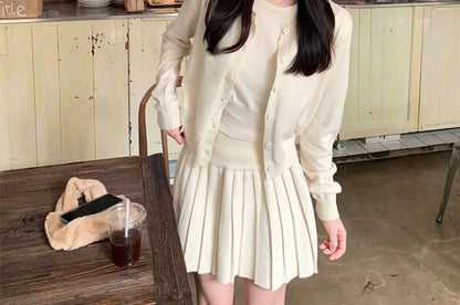 Set: Knit Tank Top with Crew Neck and Pleated Mini A-Line Skirt
