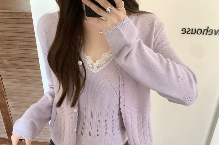 Pointelle Knit Camisole Top with Lace Trim and Round Neck Cardigan