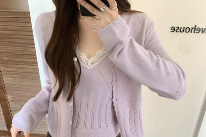 Pointelle Knit Camisole Top with Lace Trim and Round Neck Cardigan