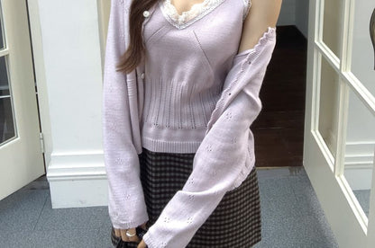 Pointelle Knit Camisole Top with Lace Trim and Round Neck Cardigan