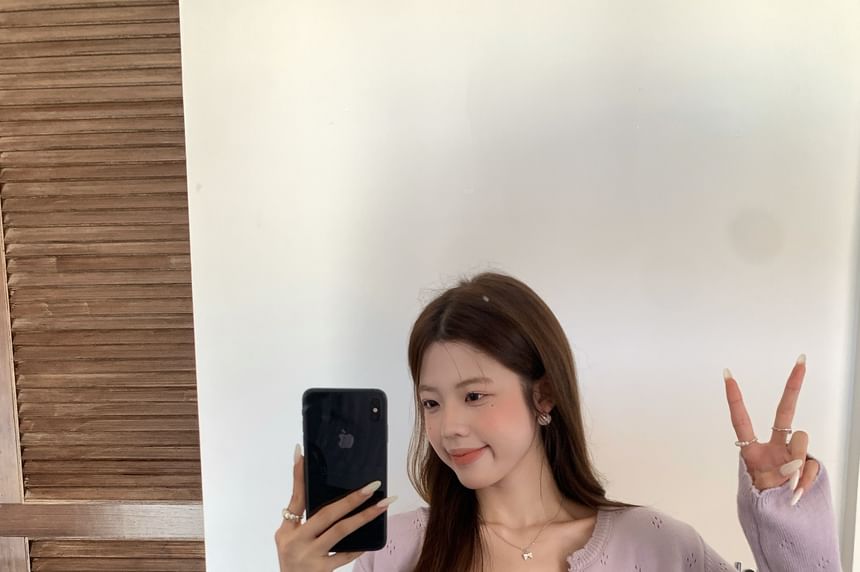 Pointelle Knit Camisole Top with Lace Trim and Round Neck Cardigan