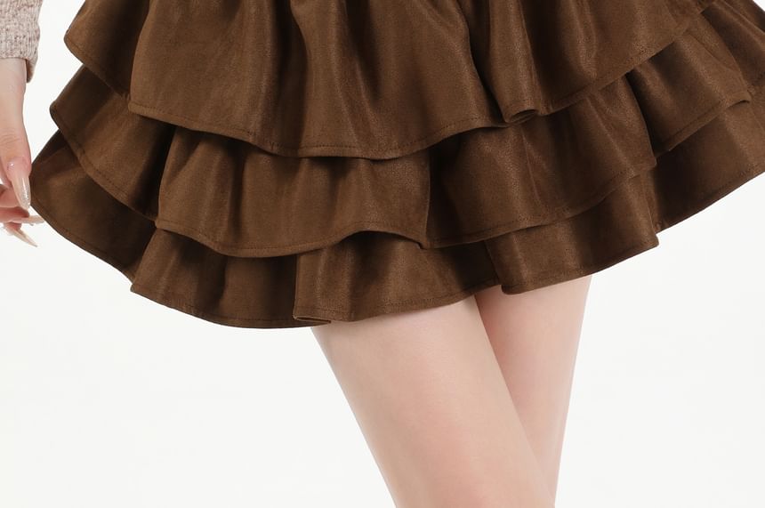 Ruffle Tiered Faux Suede Mini A-Line Skirt