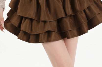 Ruffle Tiered Faux Suede Mini A-Line Skirt
