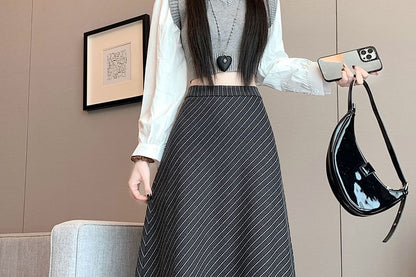 Pinstriped Maxi A-Line Skirt - High Waist