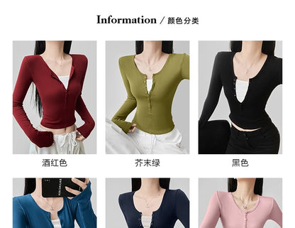Two-Tone Cropped T-Shirt with Half Buttons and Faux-Layer Scoop Neck