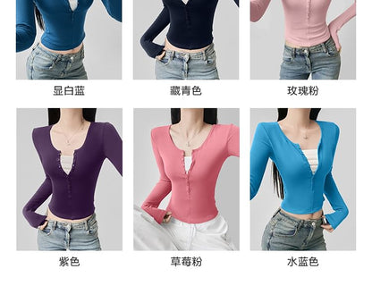 Two-Tone Cropped T-Shirt with Half Buttons and Faux-Layer Scoop Neck