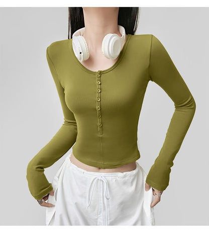 Two-Tone Cropped T-Shirt with Half Buttons and Faux-Layer Scoop Neck