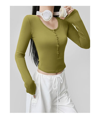 Two-Tone Cropped T-Shirt with Half Buttons and Faux-Layer Scoop Neck