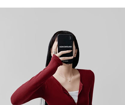 Two-Tone Cropped T-Shirt with Half Buttons and Faux-Layer Scoop Neck