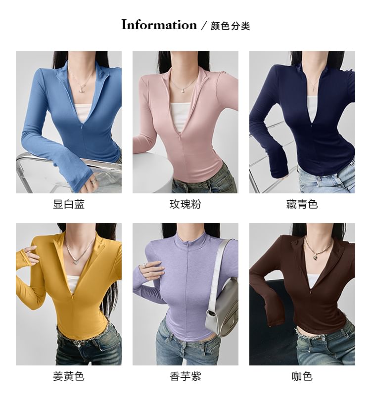 Cropped Half-Zip Faux-Layer Tee with Stand Collar and Long Sleeves