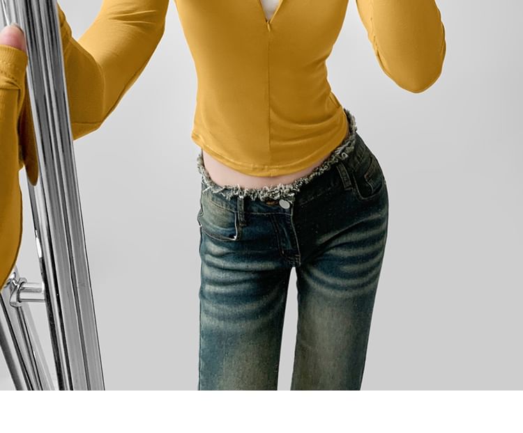 Cropped Half-Zip Faux-Layer Tee with Stand Collar and Long Sleeves