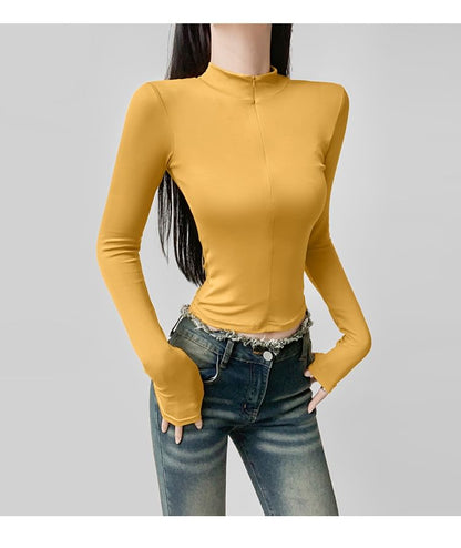 Cropped Half-Zip Faux-Layer Tee with Stand Collar and Long Sleeves