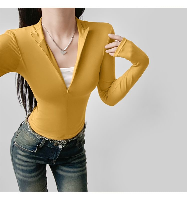 Cropped Half-Zip Faux-Layer Tee with Stand Collar and Long Sleeves