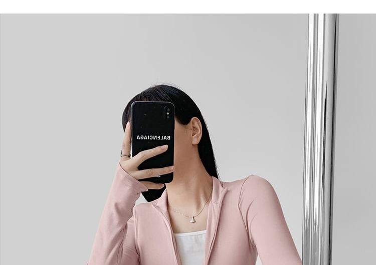 Cropped Half-Zip Faux-Layer Tee with Stand Collar and Long Sleeves