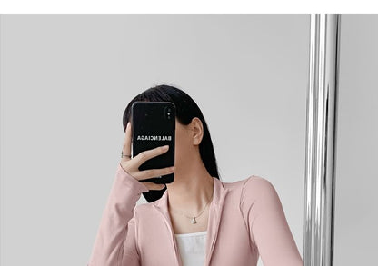 Cropped Half-Zip Faux-Layer Tee with Stand Collar and Long Sleeves