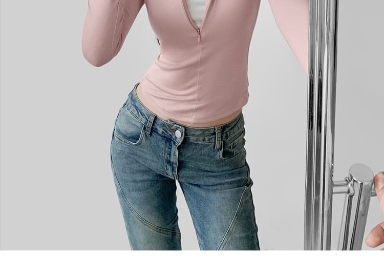 Cropped Half-Zip Faux-Layer Tee with Stand Collar and Long Sleeves
