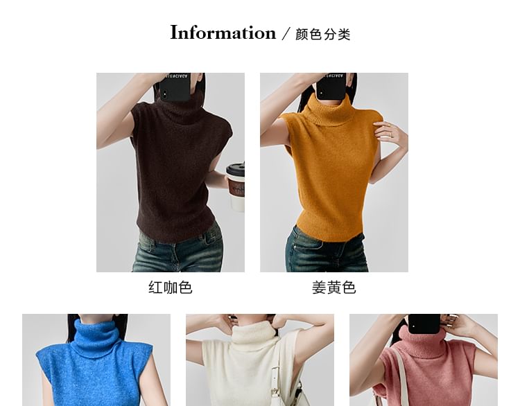 Cropped Knit Top with Turtleneck and Short Cap Sleeves in Solid Color