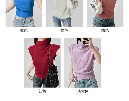 Cropped Knit Top with Turtleneck and Short Cap Sleeves in Solid Color