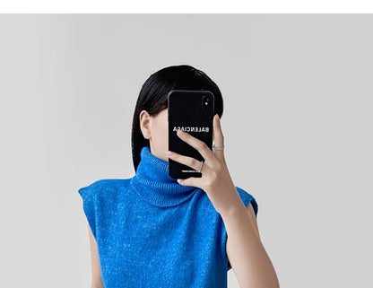 Cropped Knit Top with Turtleneck and Short Cap Sleeves in Solid Color