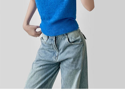 Cropped Knit Top with Turtleneck and Short Cap Sleeves in Solid Color