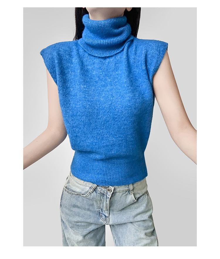 Cropped Knit Top with Turtleneck and Short Cap Sleeves in Solid Color