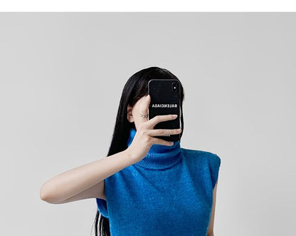 Cropped Knit Top with Turtleneck and Short Cap Sleeves in Solid Color