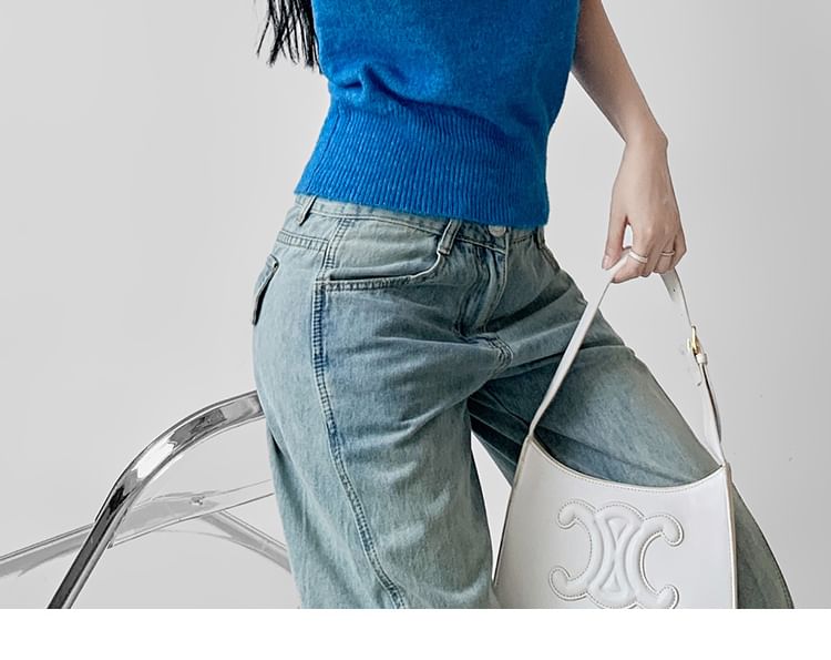 Cropped Knit Top with Turtleneck and Short Cap Sleeves in Solid Color
