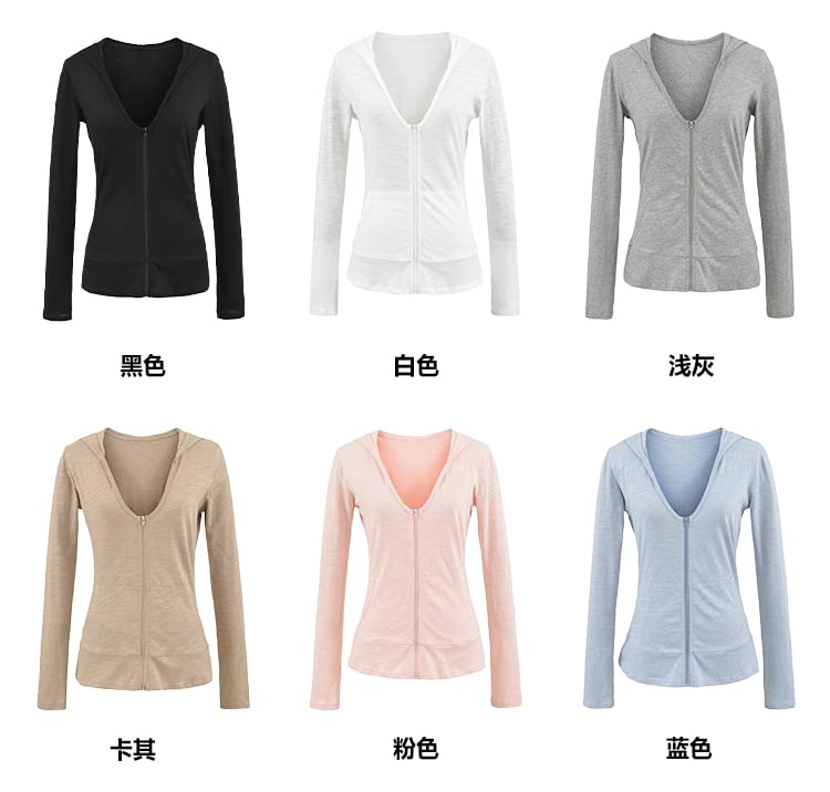 Sheer Zip-Up Hoodie with V-Neck and Long Sleeves in Solid Color