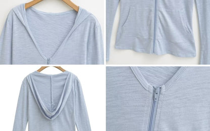Sheer Zip-Up Hoodie with V-Neck and Long Sleeves in Solid Color