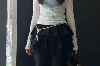 Mesh Panel Skirt Overlay Flared Pants