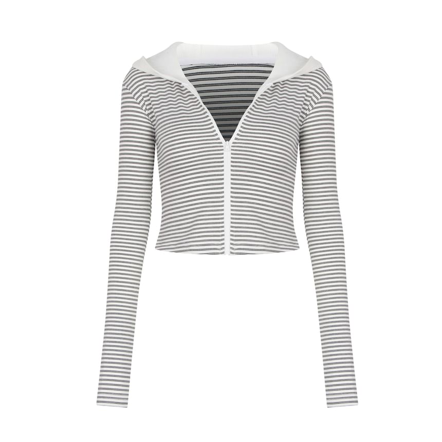 Striped Crop Hoodie with Zip-Up Closure