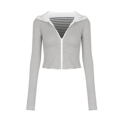 Striped Crop Hoodie with Zip-Up Closure