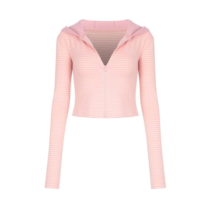 Striped Crop Hoodie with Zip-Up Closure