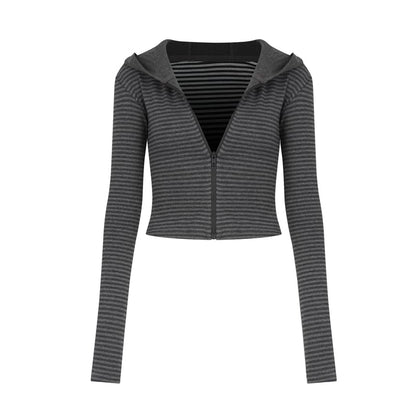 Striped Crop Hoodie with Zip-Up Closure